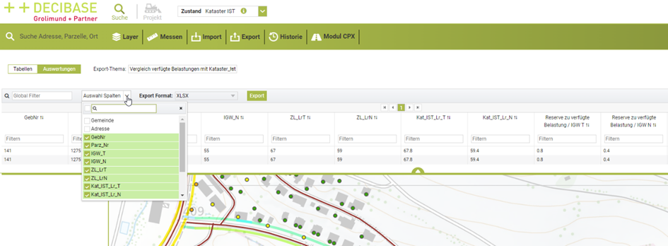 Decibase ist als Web-GIS aufgebaut und enthält eine Toolbar mit Suchfeld und diversen ausklappbaren Modulen