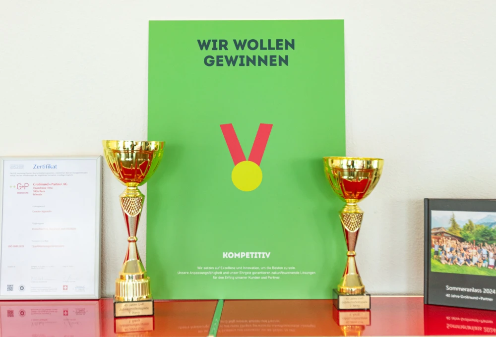 Werteplakat zwischen zwei Pokalen